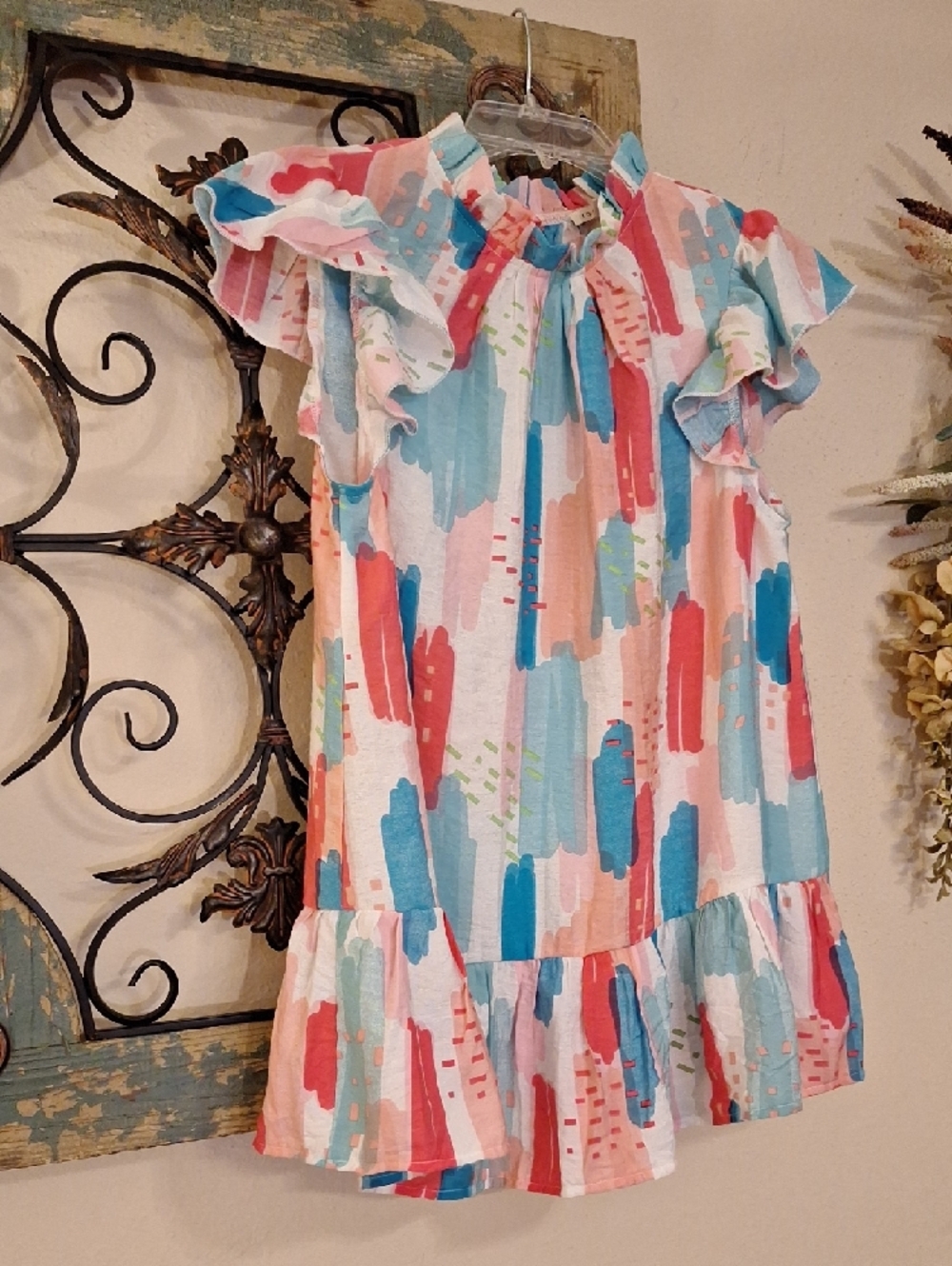 JODIFL Pink Blue White Brushstroke Ruffle Tunic Top. NWOT Size S - Picture 8 of 13